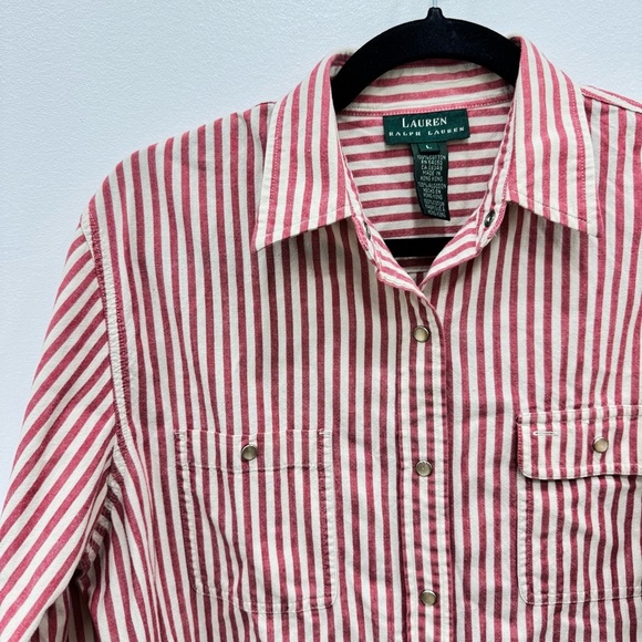 Lauren Ralph Classic Oxford Button Down Shirt Pearl Snap Red White Striped - Picture 5 of 6